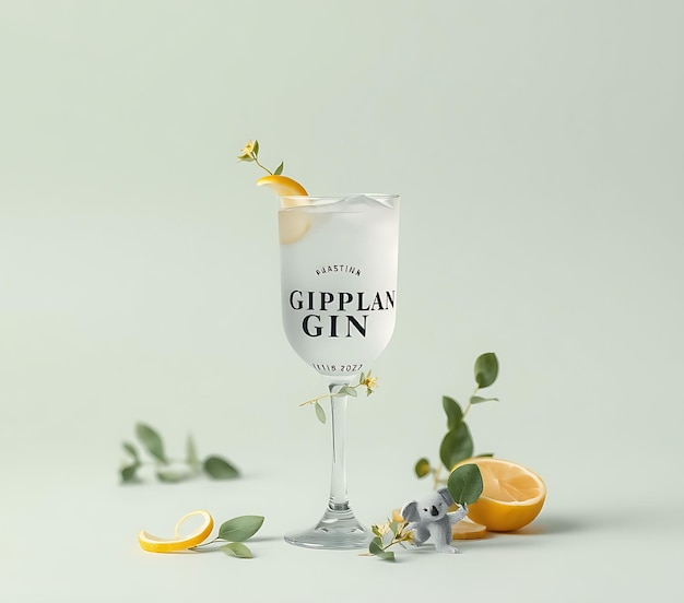 Photo photorealistic decorations of gippsland gin fizz koala eucalyptus leaves lemon peel soda water ma