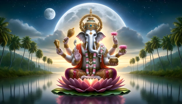 A photorealistic depiction of an elephantheaded deity with multiple arms seated under a full moon