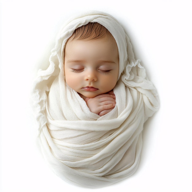 Photorealistic depiction of a peaceful newborn baby snugly wrapped in a soft blanket on wh