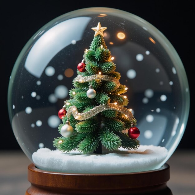 A photorealistic detailed portrait featuring a shiny Christmas tree encapsulated within a snow globe