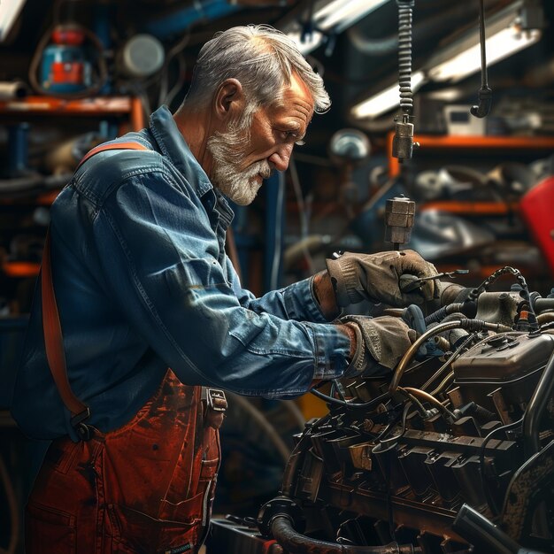 Photo photorealistic diesel mechanic working on an engine in a shop