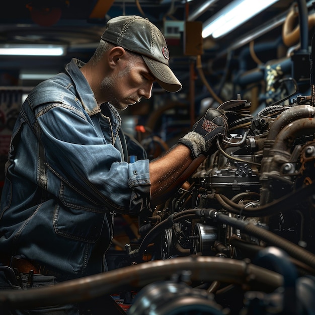 Photo photorealistic diesel mechanic working on an engine in a shop