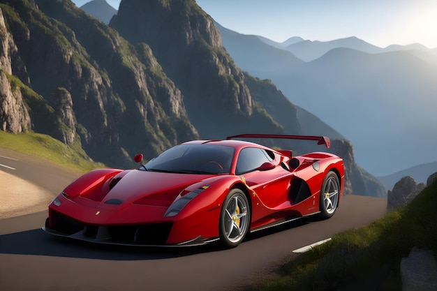 A photorealistic Ferrari Enzo supercar on a mountain road with a scenic view generative by AI