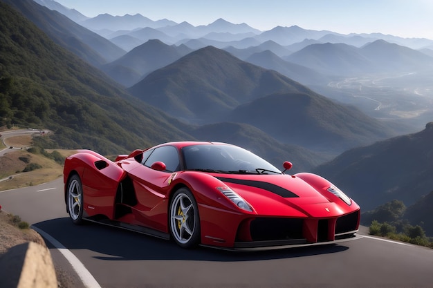 A photorealistic Ferrari Enzo supercar on a mountain road with a scenic view generative by AI