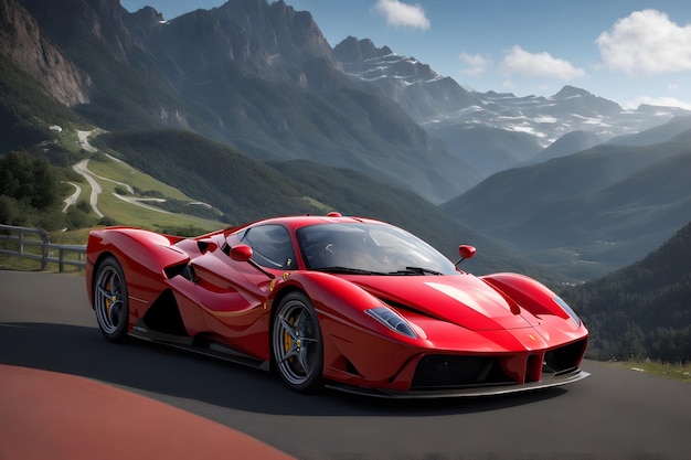 A photorealistic Ferrari Enzo supercar on a mountain road with a scenic view generative by AI