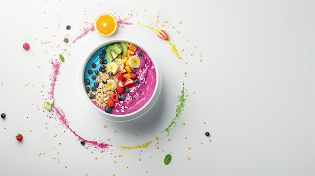 Photo photorealistic and finely detailed image of a smoothie bowl with assorted fresh fruits and granola