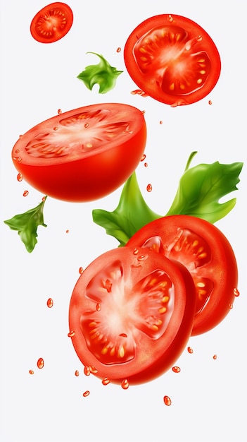 Photorealistic Flying Tomato and Tomato Slices Isolated