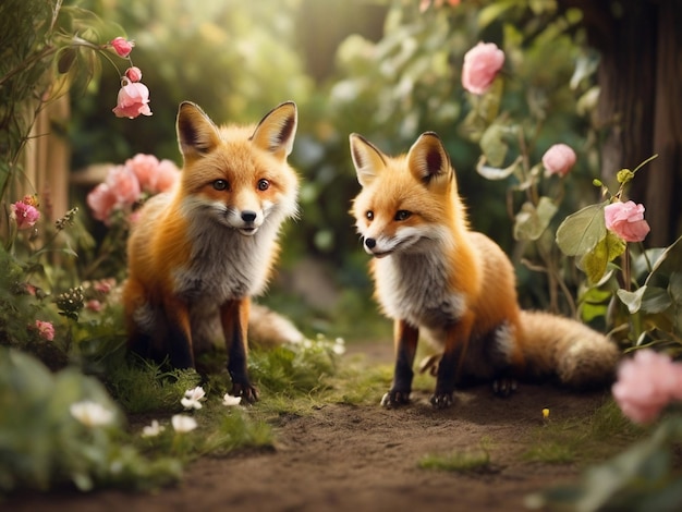 PhotoRealistic fox playing inside the forest