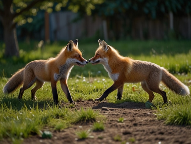 PhotoRealistic fox playing inside the forest