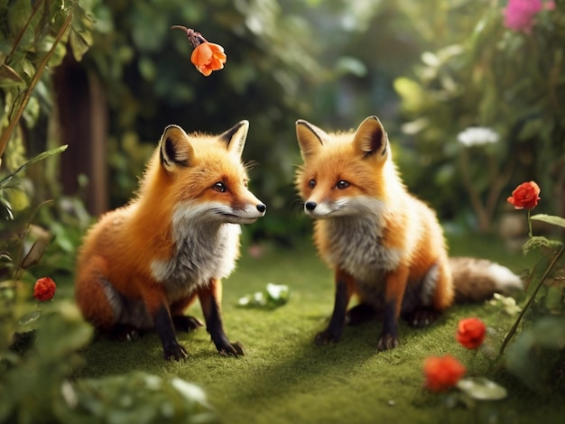 PhotoRealistic fox playing inside the forest