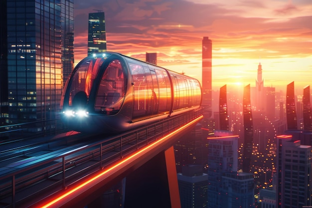 Photo photorealistic futuristic monorail gliding through vibrant cityscape at sunset