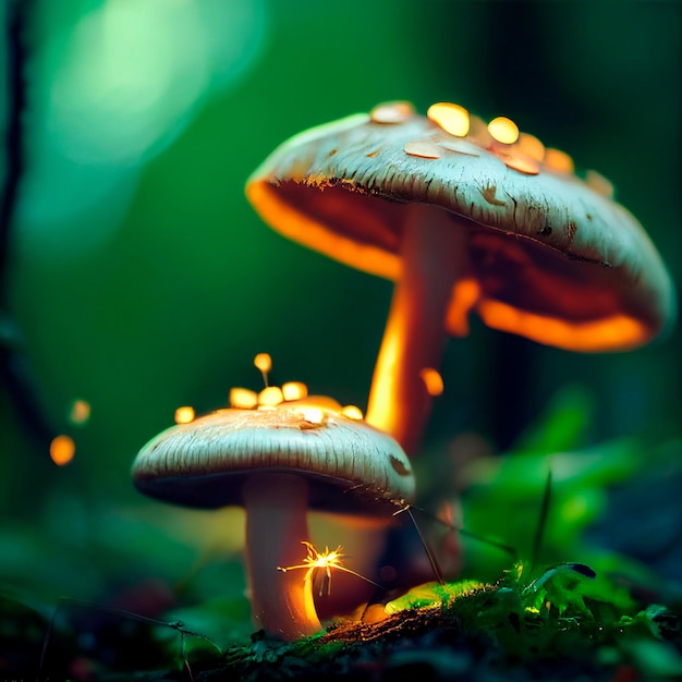 Photorealistic graphic representation of mushrooms with luminous caps