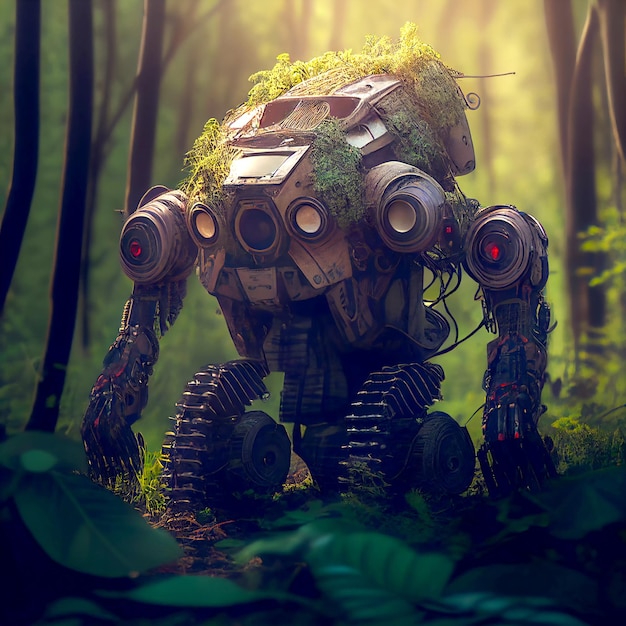 Photorealistic illustration old abandoned robot