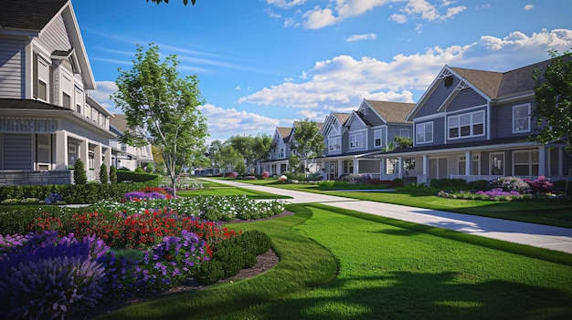 A photorealistic image of a charming suburban neighborhood