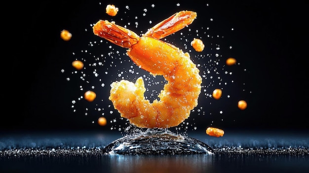 Photo photorealistic image of crispy shrimp captured with soft lighting and extreme closeup