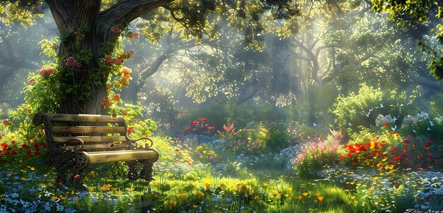 Photo photorealistic image of an empty wooden bench in a lush green garden