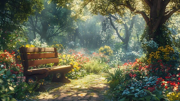 Photo photorealistic image of an empty wooden bench in a lush green garden