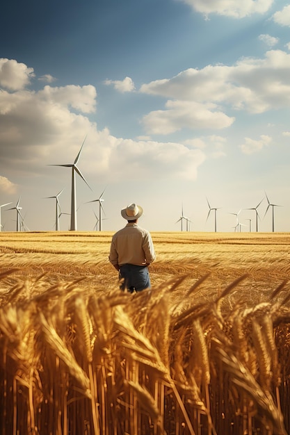 Photorealistic image of a farmer in a wheat field