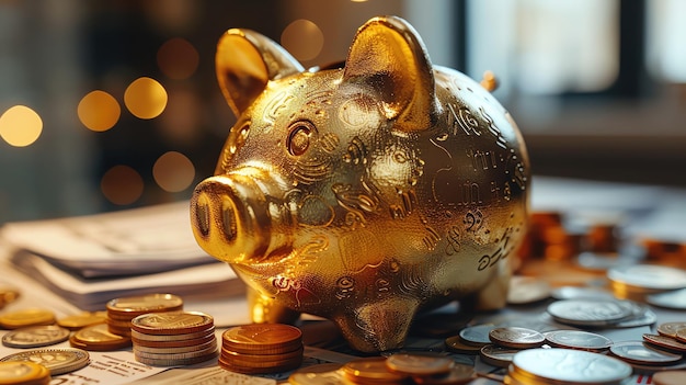 Photorealistic image of a golden piggy bank filled with coins