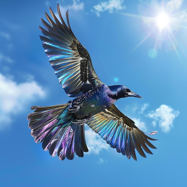 A photorealistic image of a grackle in flight wings fully extended detailed feathers shimmering T