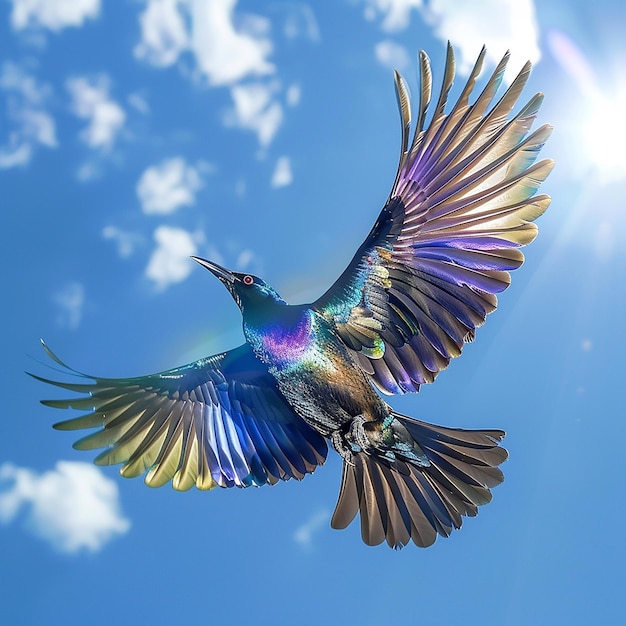 A photorealistic image of a grackle in flight wings fully extended detailed feathers shimmering T