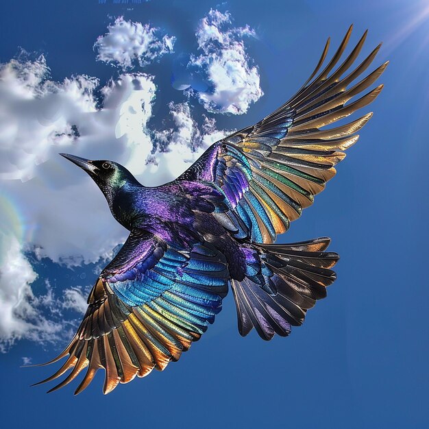 A photorealistic image of a grackle in flight wings fully extended detailed feathers shimmering T