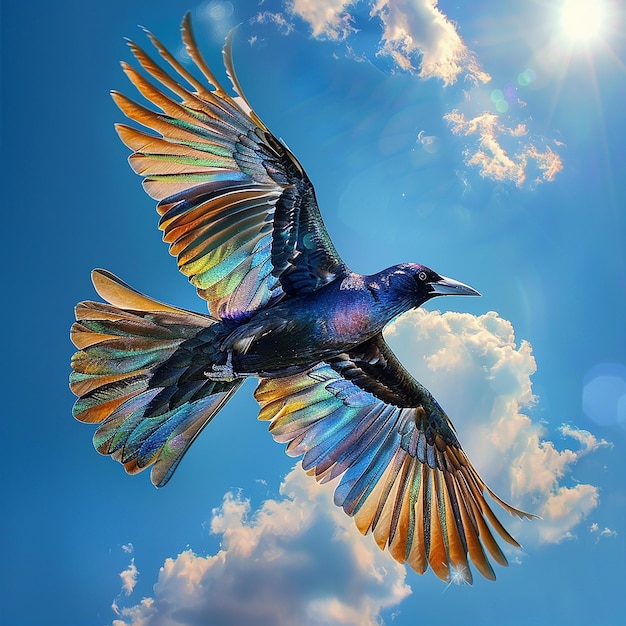 A photorealistic image of a grackle in flight wings fully extended detailed feathers shimmering T