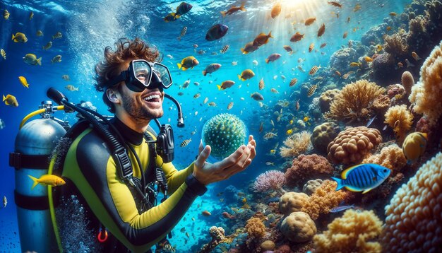 Photo photorealistic image of a joyful marine biologist underwater observing a rare marine species