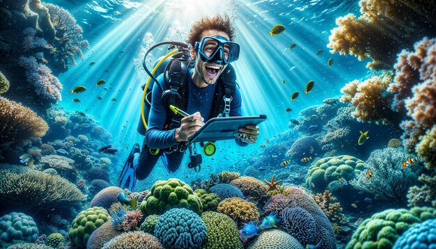 Photo photorealistic image of a joyful marine biologist underwater observing a rare marine species