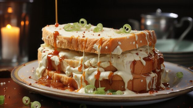 Photorealistic image of a sandwich with lots of white mayonnaise dripping out from it