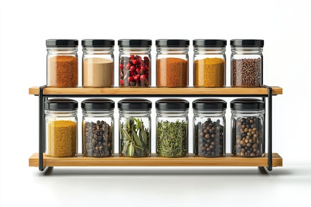 Photo a photorealistic image showcasing a neatly organized spice rack featuring various spices in gla