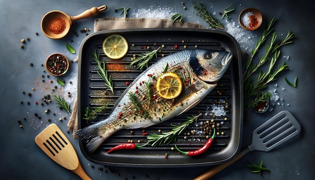 Photorealistic image showcasing a whole fish grilled with herbs lemon and spices in a kitchen