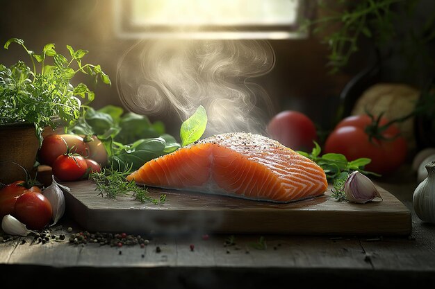 A photorealistic image of a steaming piece of salmon on an old wooden board