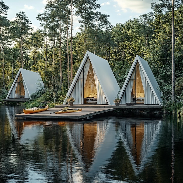 Photorealistic image of three white Aframe cabins on a wooden dock over a still lake lush green t