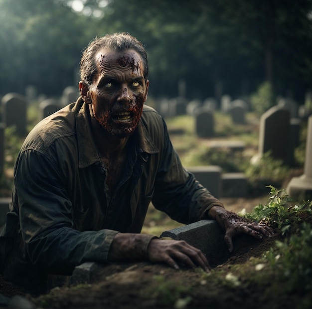 A photorealistic image of a zombie emerging from a grave bathed in eerie moonlight and mist