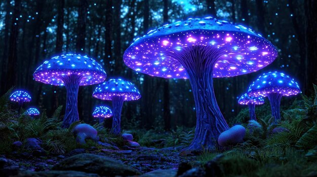 Photorealistic landscape of a mystical forest with glowing mushrooms and ethereal beings