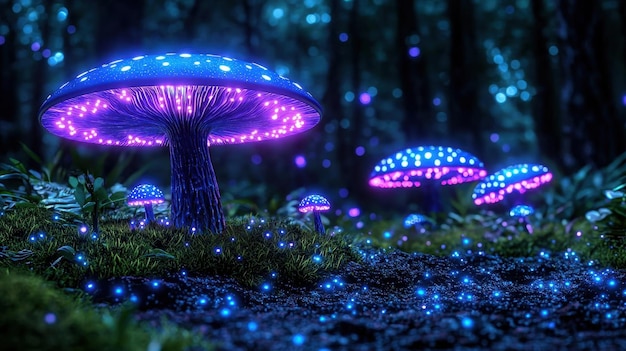 Photorealistic landscape of a mystical forest with glowing mushrooms and ethereal beings