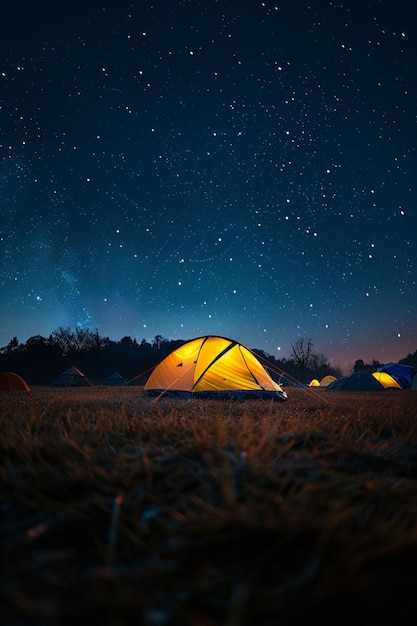 Photorealistic landscape view of camp lit up on the field with stars above