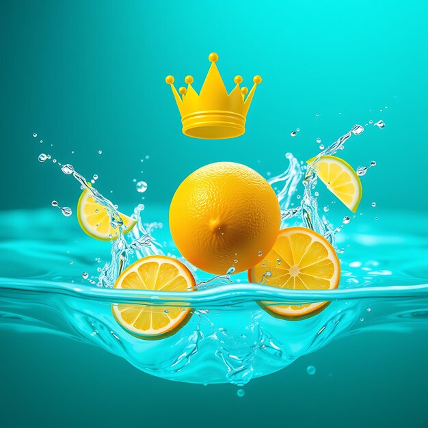 A photorealistic lemon splashing into turquoise blue water with crown icon sliced lemon and lime we