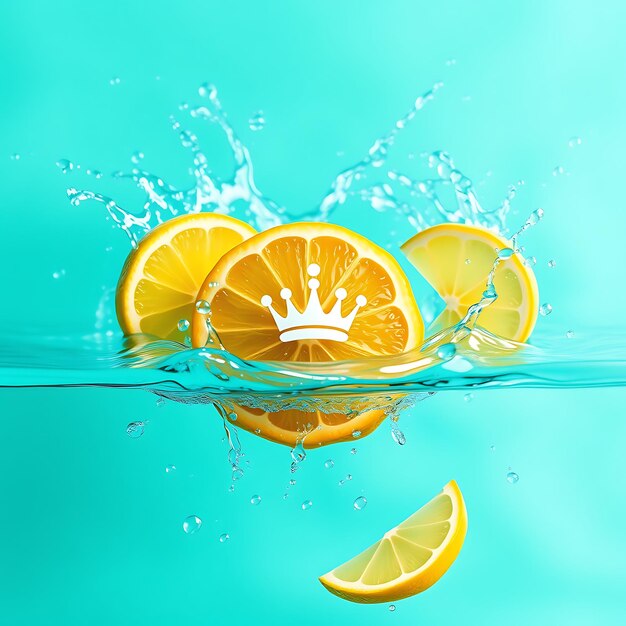 A photorealistic lemon splashing into turquoise blue water with crown icon sliced lemon and lime we