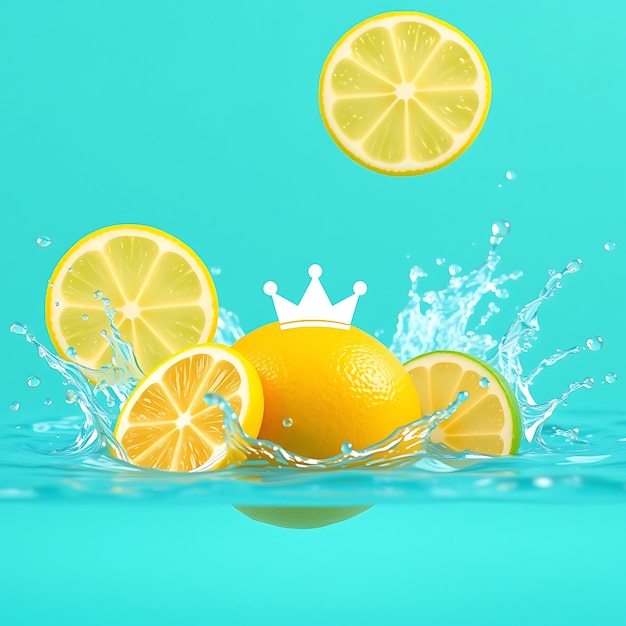 A photorealistic lemon splashing into turquoise blue water with crown icon sliced lemon and lime we