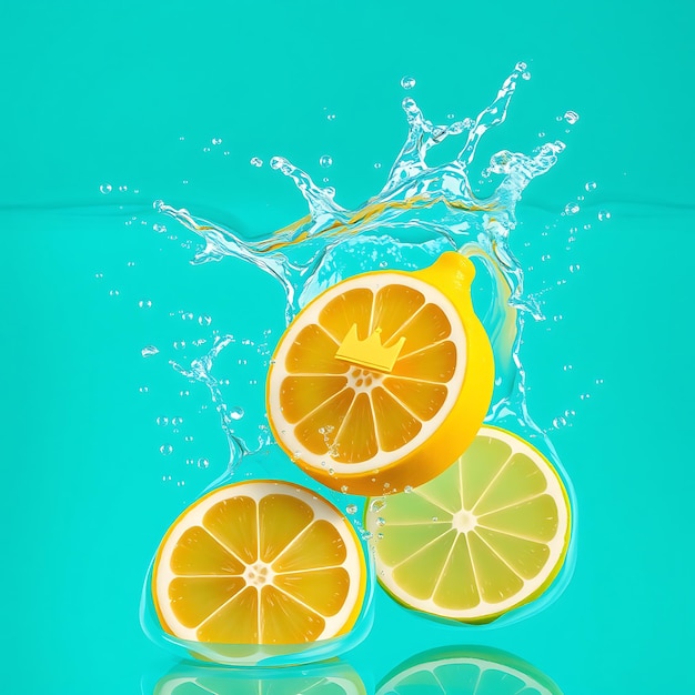 A photorealistic lemon splashing into turquoise blue water with crown icon sliced lemon and lime we