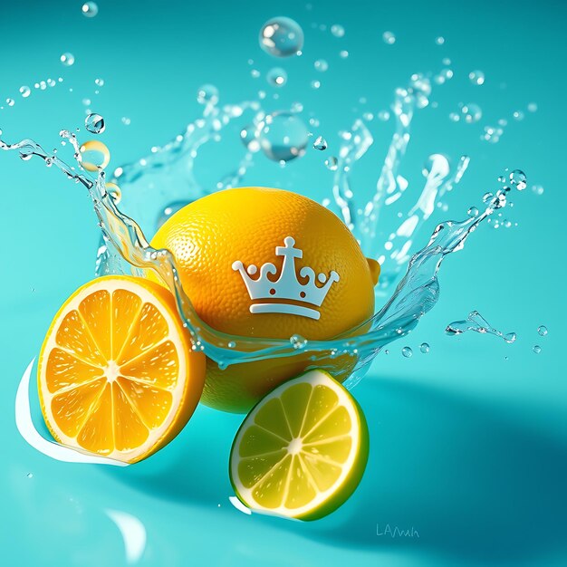 A photorealistic lemon splashing into turquoise blue water with crown icon sliced lemon and lime we