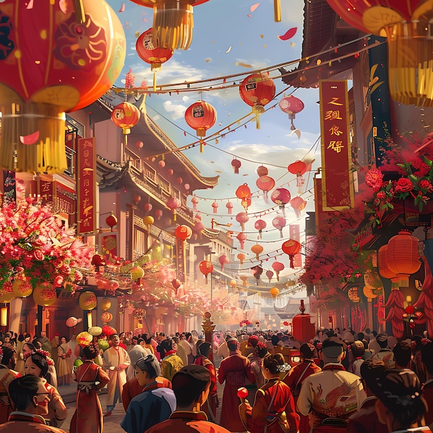 Photorealistic lunar new year street scene with vibrant decorations and bustling crowds