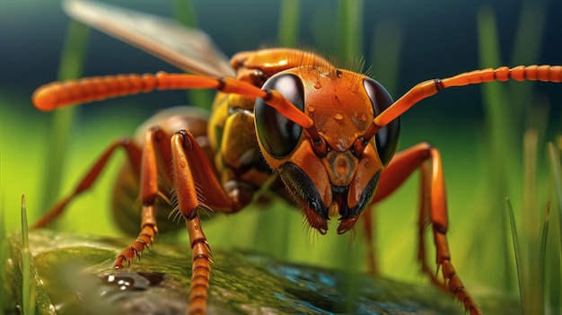 Photorealistic Macro Image Of Hornet On Blade Of Grass