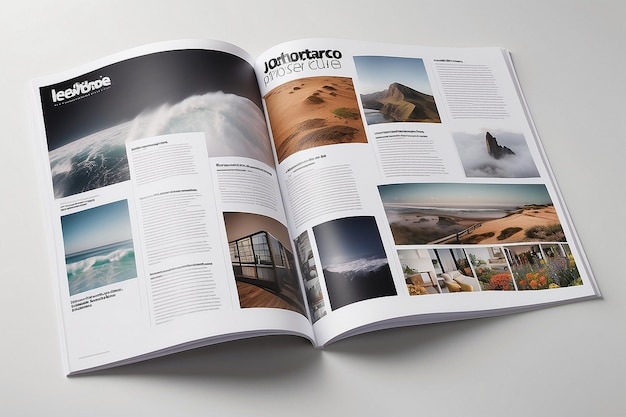 Photo photorealistic magazine spread mockup with blank white backgrounds for your content