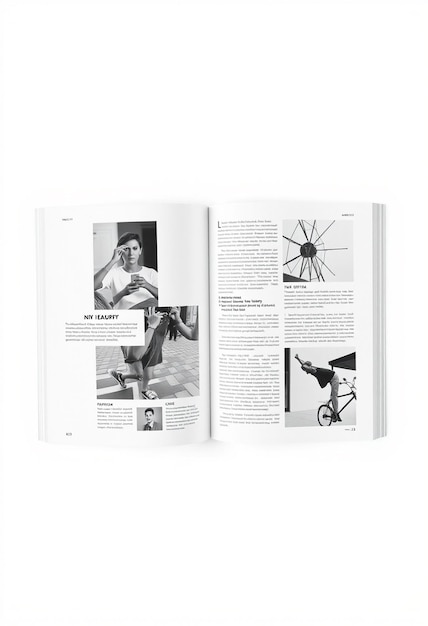 Photo photorealistic magazine spread mockup with blank white backgrounds for your content