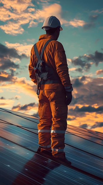 Photo photorealistic male worker at solar station installing panels