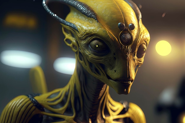 Photorealistic masterpiece of an alien android dark yellow