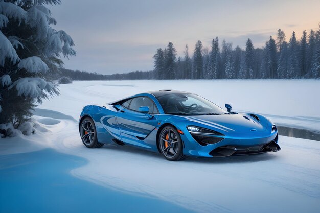 A photorealistic McLaren 720S glistening in the winter's embrace with snowflakes generative by Ai